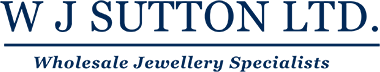 Logo for W J Sutton Ltd. The logo displays the company name, W J SUTTON LTD., in a serif font with dark blue colour, underlined, followed by the tagline 'Wholesale Jewellery Specialists' in italics, also in dark blue colour. The logo has no background.