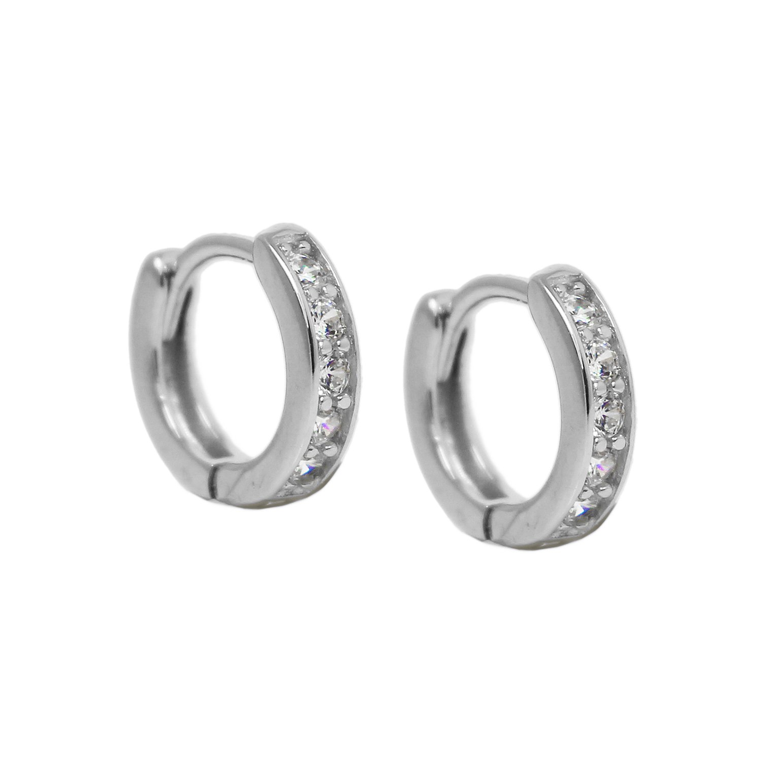 Tsv Jewelers Men's 925 Sterling Silver CZ Huggie Hoop Earrings - Iced Out Small Thin 8mm