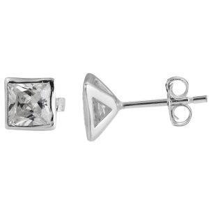 SE081 - 7mm Sterling Silver Square Rubover CZ Stud Earrings
