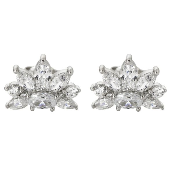 SE920 - 13mm Sterling Silver Rhodium Plated Half Flower CZ Stud Earrings