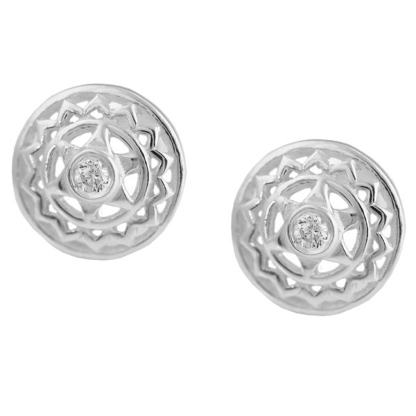 SE9314 - 9.5mm Sterling Silver Patterned Round CZ Stud Earrings