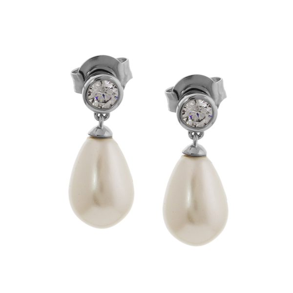 SE2361 - 18mm Sterling Silver Rhodium Plated Imitation Pearl and CZ Drop Stud Earrings