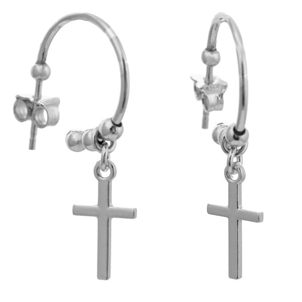 SE191/CRS - 17mm Sterling Silver Rhodium Plated Hoop Stud Earrings with Beads and Cross Charm