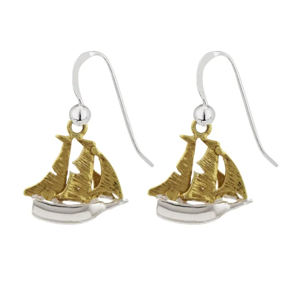 SE6152 - 35mm Sterling Silver Gold Plated Sailboat Drop Earrings
