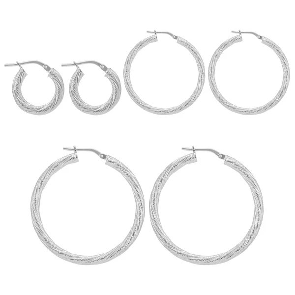 SEC14 - Sterling Silver Patterned Twist Hoop Earrings - 3mm Wide - Various Sizes