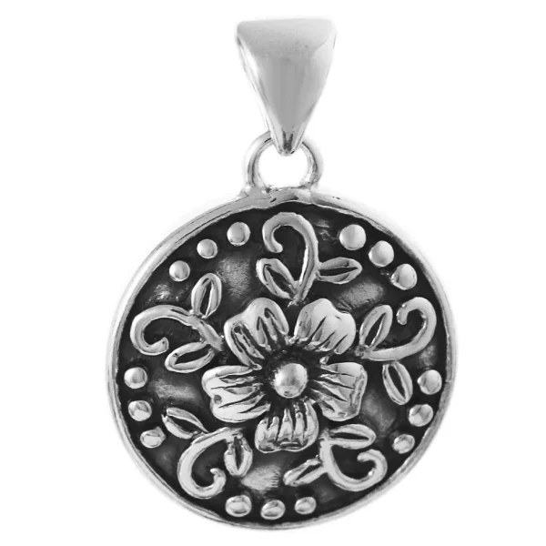SP93 - Sterling Silver 15mm Round Antique Finish Flower Pendant