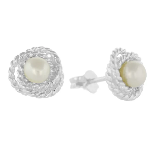 SE2302 - 8mm Sterling Silver Round Rope Knot Stud Earrings with Freshwater Pearl