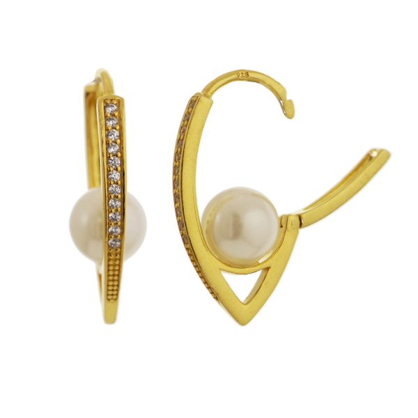 SE169PTRGP - 26mm Sterling Silver Gold Plated Pearl and CZ Hinged Earrings