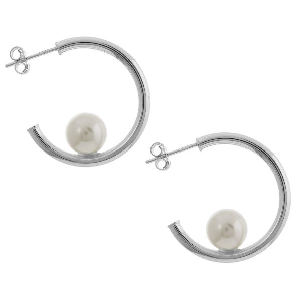 SE5139P - 25mm Sterling Silver Pearl Hoop Stud Earrings