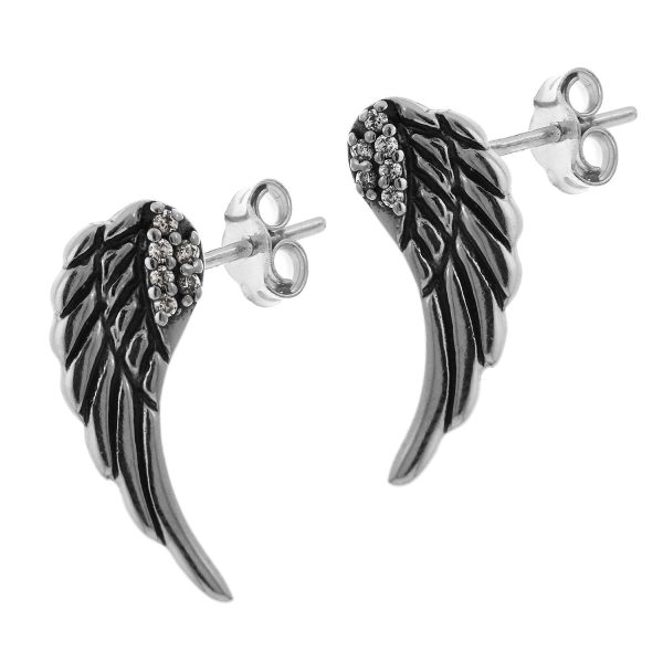 SE39 - 18mm Sterling Silver Antique Finish CZ Angel Wing Stud Earrings