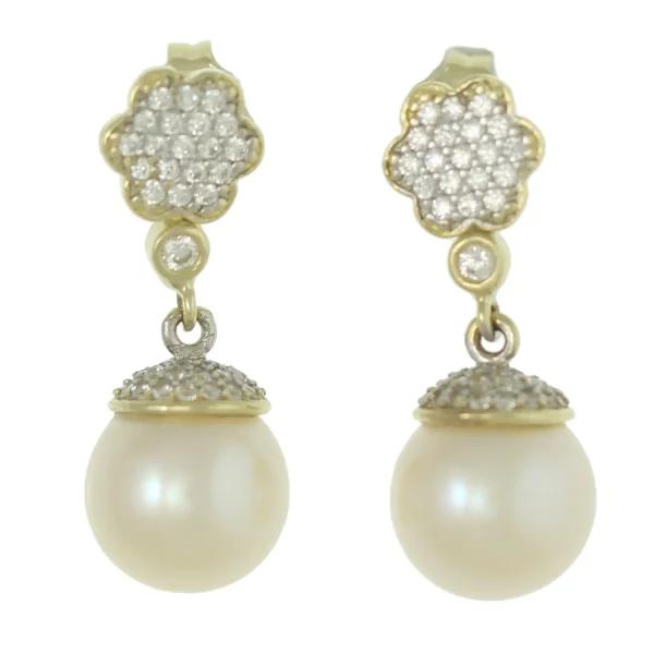 GE009 - 9ct Yellow Gold 25mm Pearl and CZ Drop Earrings