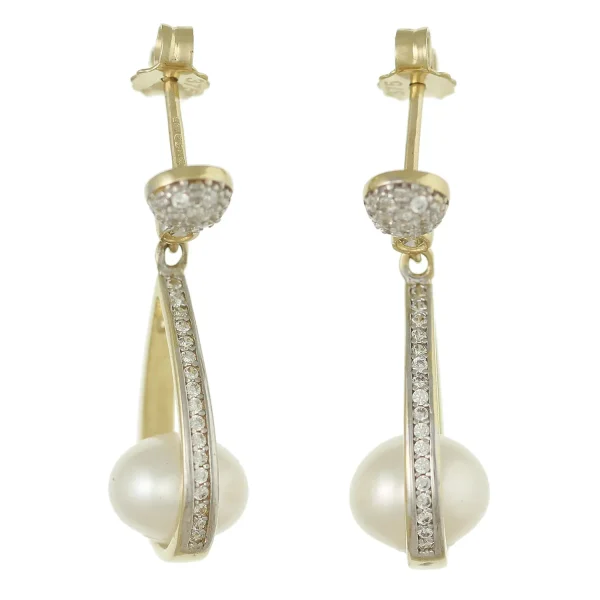 GE039 - 9ct Yellow Gold 27mm Pearl and CZ Drop Earrings