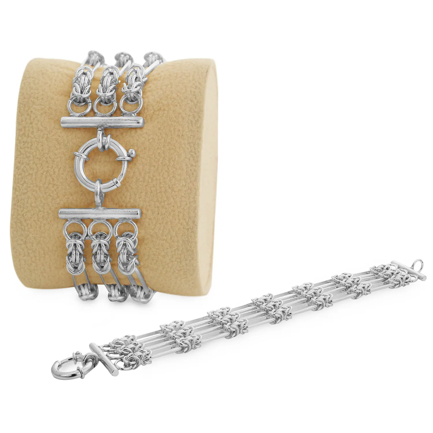 SHMTR-374/7 - 7.5" Sterling Silver Handmade Three Row Fetter and Knot Bracelet