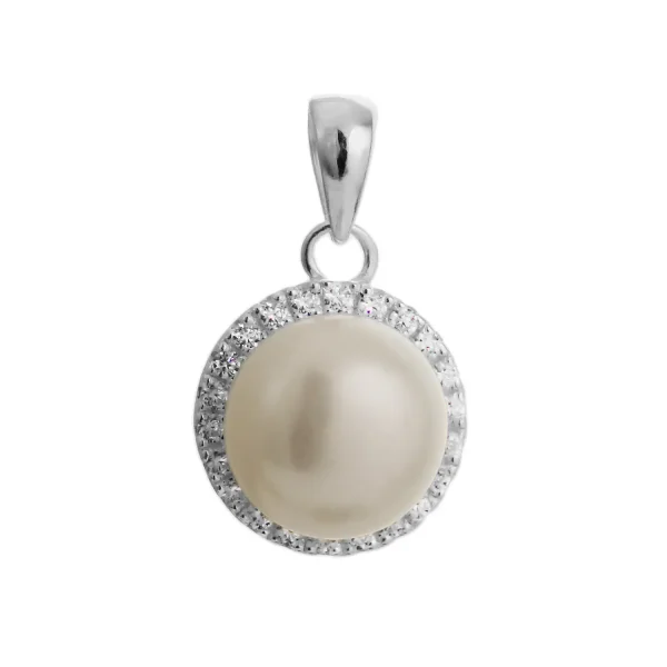 SP883P - Sterling Silver 11mm Round Pearl and CZ Pendant