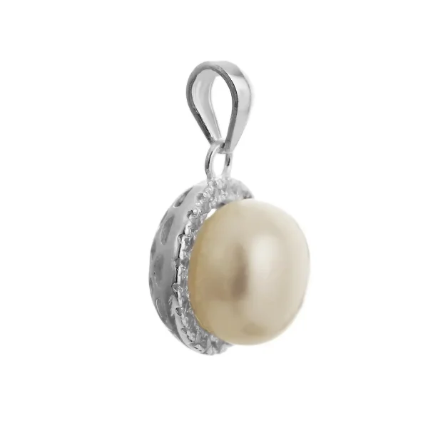 SP883P - Sterling Silver 11mm Round Pearl and CZ Pendant